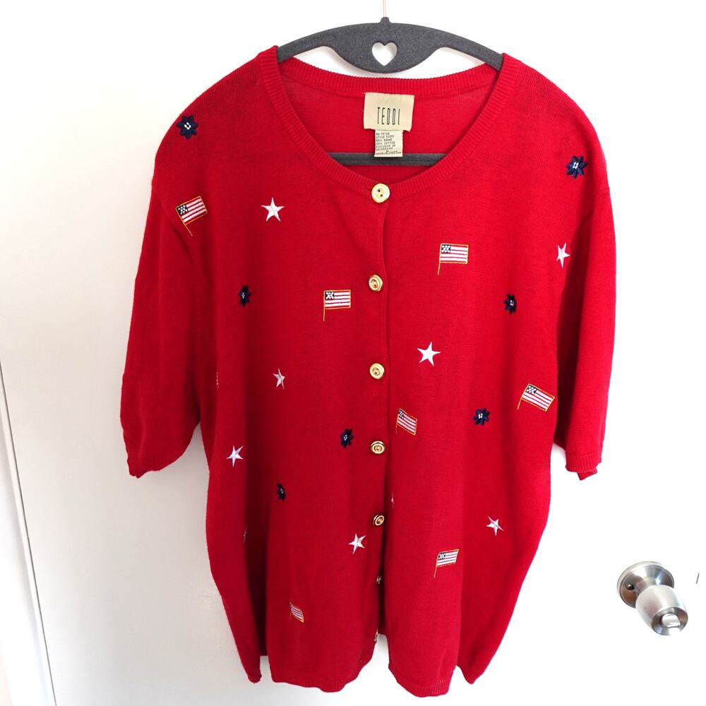 Teddi Embroidered Americana Patriotic Cotton Ramie Short Sleeve Red Cardigan L